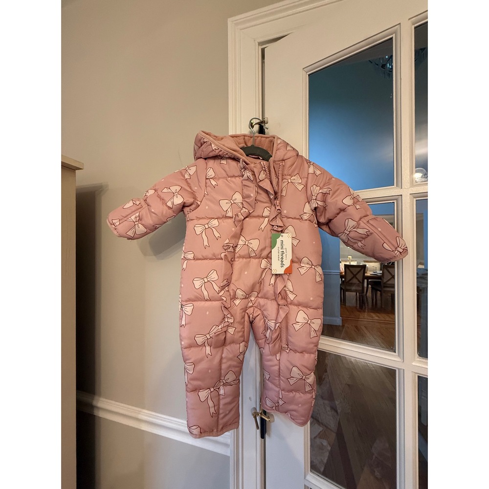 Petit Lem Mini Threads Baby Girls Pink Bow Puffer Snowsuit Bunting 6M NWT